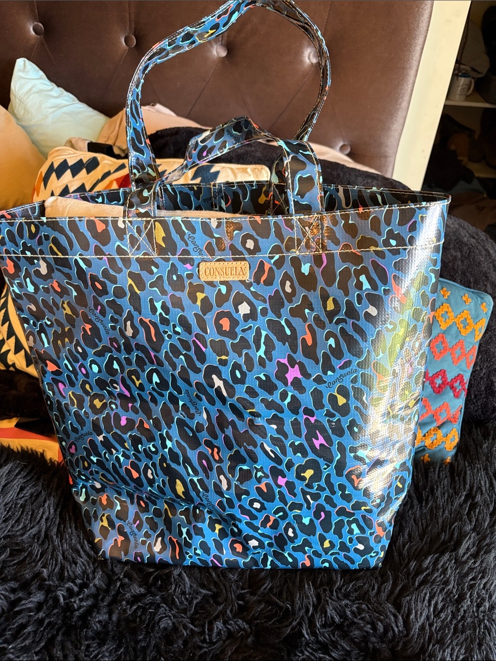 Consuela Large Blue Leopard Print Tote with Multicolor Accents